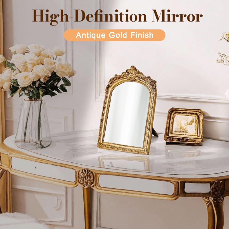 YUSONG Vintage Makeup Desk Mirror  Antique Gold Arched Tabletop Mirror with Resin Frame - Decorative Wall Art for Living Room  Bedroom Decor  Retro Table 9.3"" x 5.7"" - Image 3